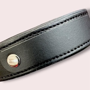 May include: Close-up of a black leather belt with a silver-colored snap closure. The belt has a stitched border and a rectangular section. The background is a light pink color.