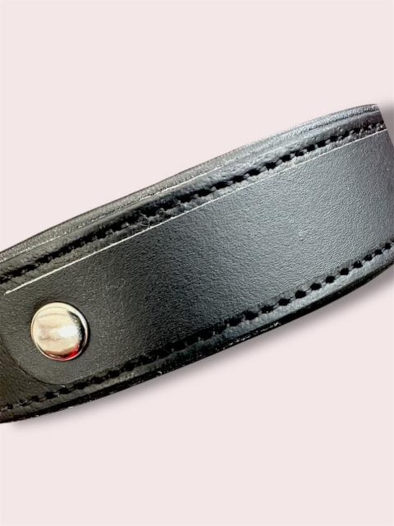 May include: Close-up of a black leather belt with a silver-colored snap closure. The belt has a stitched border and a rectangular section. The background is a light pink color.