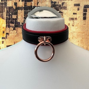 Genuine Leather Choker Collar Black Padded & Stitched Leather I 35mm Rose gold O Ring Locking Collar Rose Gold I Handmade Custom Collar
