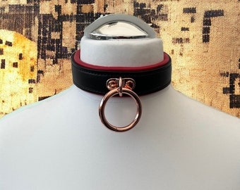 Genuine Leather  Choker Collar Black Padded & Stitched Leather I 35mm rose gold O Ring Locking Collar Handmade Rose Gold Hardware