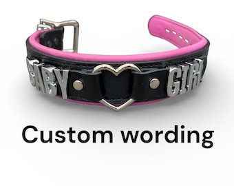 Leather heart choker I 30mm wide Black padded with Heart Ring I Handmade Locking collar choose your own wording daddys girl collar customise