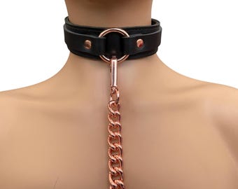 Genuine leather collar and lead with rose gold hard wear l O ring choker l handmade real leather l owned collar l layered O ring collar