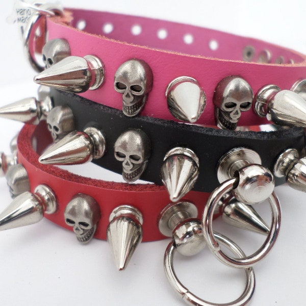 Chihuahua Spikes and Sculls Leather Spike dog Collar |  XS S Small Pink Red Black Extra Small Handmade Pet Male Female Girl Boy Dog Necklace