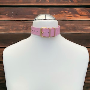 May include: A pink leather choker with a gold metal buckle and two rings. The choker is displayed on a white mannequin.