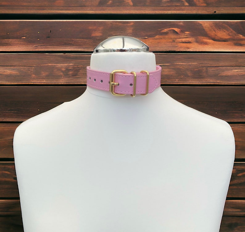 May include: A pink leather choker with a gold metal buckle and two rings. The choker is displayed on a white mannequin.