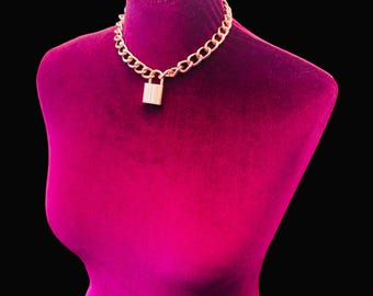 Rose Gold Tone Chain Choker day Necklace With 20mm Padlock Choker Necklace I All Sizes Custom Choker l owned day collar discreet day collar