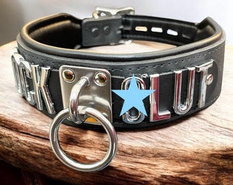 fetish Collar l Genuine leather collar I Choose Your Word I 50mm Wide 30mm Letters Quality Handmade leather Choker Collar I Custom Collar