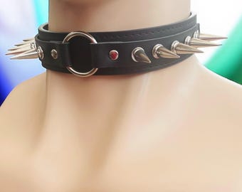 Collar choker Leather spiked Collar I Choker Collar Black Leather I 30mm Wide 30mm Centre O Ring I Handmade Locking  Spiked Choker punk goth