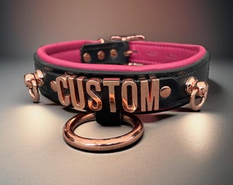 Collar Choker with Hanging O Ring I Custom Made Collar I Padded Leather 30mm wide l Swivel D-ring Details | Rose Gold Hardware o ring collar