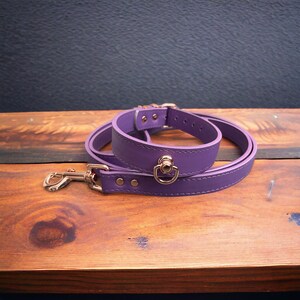 May include: A purple leather dog collar and leash set with gold hardware. The collar has a D-ring and the leash has a clip.