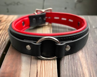 Real leather Collar I Choker Collar Black Padded Leather I 30mm Wide 30mm Centre O Ring I Handmade Locking Necklace Free Padlock