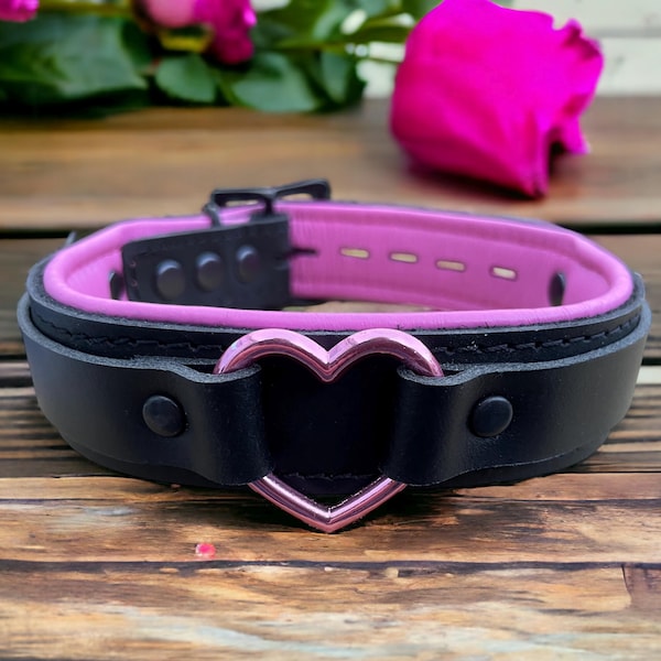 Genuine Leather Heart Choker Collar Black Padded Leather 30mm Wide Centre Heart Ring Handmade Metallic Pink Heart Choker good girl collar