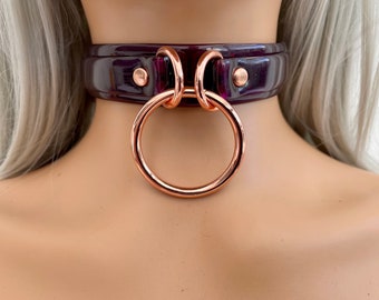 Custom Choker Locking Collar, 24mm Wide with Rose Gold Hardware, Pink, Purple or Glossy Pink,35mm O Ring Handmade Transparent Layered PVC