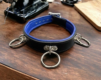 Real Leather Collar I Quality Padded Choker Collar I 30mm Wide With 3 x 30mm O Ring Leather choker  I Handmade Custom Red Blue Pink Collar
