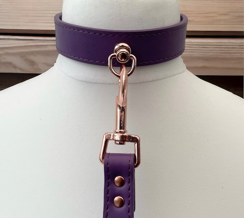 May include: A purple leather collar with a rose gold metal clasp and matching leash. The collar is adjustable and the leash is approximately 48 inches long.