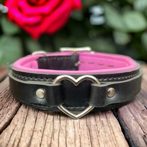 Real Leather Collar  leather Choker Collar Black Padded Leather 30mm Wide Centre Heart Ring I Handmade Locking Necklace Jewelry heart choker