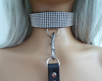 Real Diamanté Mesh 30mm Wide Leather or Vegan Choker Fetish Lockable Collar With D Ring I Handmade | Optional Matching Lead