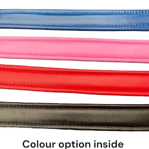 May include: Four leather straps in different colors: blue, pink, red, and black.  The text "Colour option inside padding" is below the straps.