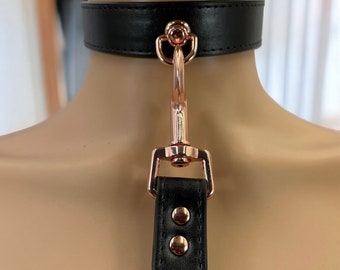 Quality Leather Choker Collars And Leash Set I Custom Collar Stitched Vegan Leather, Rose Gold Hardware I Handmade Vegan Leather Choker