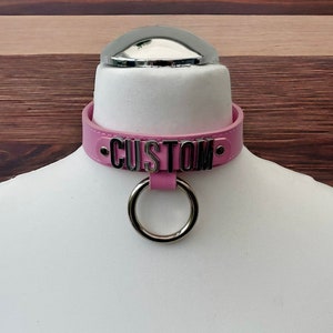 Leather Collar Leather Collar Choker 24mm wide 20mm Chrome Letters Custom Made Leather Collar Personalised Collar Choker with 35mm ring Pink