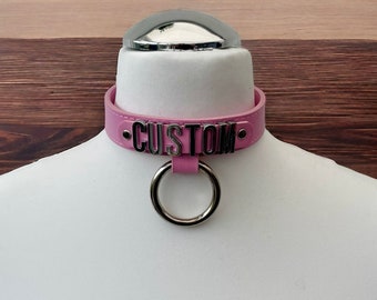 Leather Collar Leather Collar Choker 24mm wide 20mm Chrome Letters Custom Made Leather Collar Personalised Collar Choker with 35mm ring Pink
