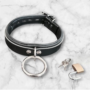 May include: Black leather collar with a silver ring and buckle. Includes a small gold padlock and two keys. The collar has a white stripe and is designed with a classic aesthetic.