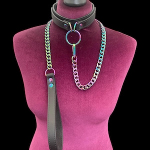 leather Collar and lead | Leather Collar And Iridescent Rainbow Chain Lead Set I choker collar I Quality Handmade Collar and Lead | CL_O_RB