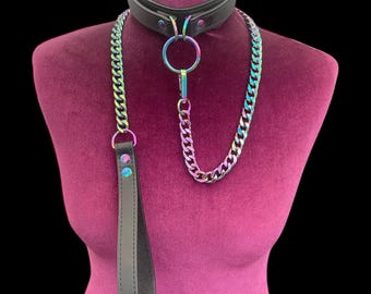 leather Collar and lead | Leather Collar And Iridescent Rainbow Chain Lead Set I choker collar I Quality Handmade Collar and Lead | CL_O_RB