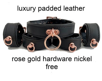 real leather collar and cuffs set I Padded Leather Restraints  Locking Collar And Handcuffs I Rose Gold Hardware,  genuine leather choker