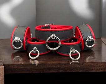 leather collar and cuffs set I Padded Leather Restraints  Locking Collar And Handcuffs I ,  genuine leather choker collar and cuff set