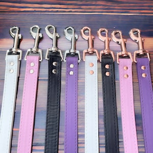 Leather Leash | Custom Stitched Leather Lead Faux | Handmade in Baby Pink, Black, Purple & White I Choice of Hardware 20mm Wide 3mm Thick