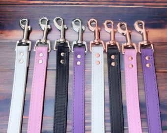Leather Leash | Custom Stitched Leather Lead Faux | Handmade in Baby Pink, Black, Purple & White I Choice of Hardware 20mm Wide 3mm Thick