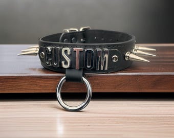 Spiked Genuine Leather Collar Hanging O Ring  I Custom Made Choker Suede Lined | 30mm wide and personalisation option
