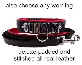 Custom Leather Choker Collar And Leash Set I Choose Your Own Word ILeather Padded  30mm wide 20mm Letters I Handmade Lockable Collar