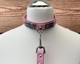 Leather Choker Collar With Matching Lead I Custom Made Faux Leather Collar 24mm Wide 20mm Chrome Letters I Handmade Red Black Pink Collar