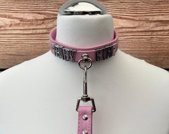 Leather Choker Collar With Matching Lead I Custom Made Faux Leather Collar 24mm Wide 20mm Chrome Letters I Handmade