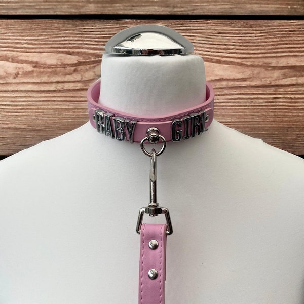 Leather Choker Collar With Matching Lead I Custom Made Faux Leather Collar 24mm Wide 20mm Chrome Letters I Handmade