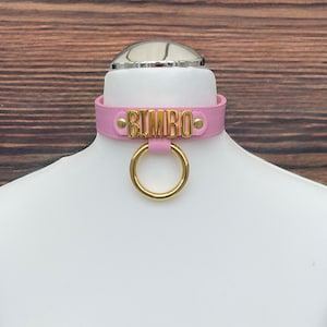 May include: Pink leather choker with a gold metal ring and the word "BIMBO" in gold lettering.