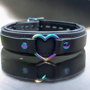May include: Black leather choker with a rainbow heart-shaped metal accent.