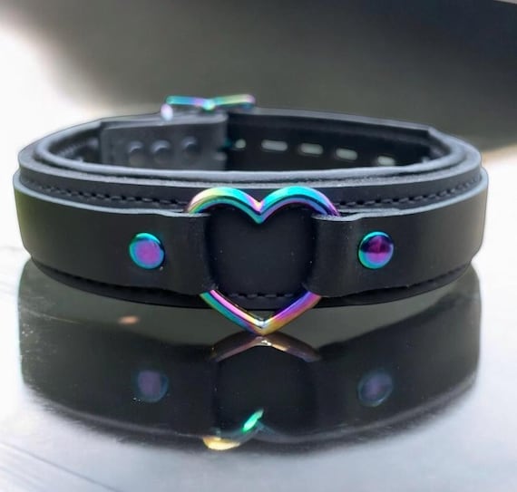 Real leather Collar I Choker Collar Black Padded Leather I 30mm Wide heart choker collar iridescent hardware rainbow hardware rainbow choker