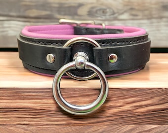 leather Collar  Black Padded collar I 30mm Wide 30mm Centre O with Pull Ring Handmade quality Locking Necklace real leather choker