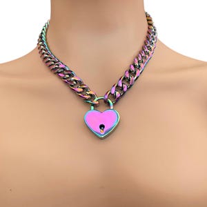 Iridescent Rainbow Chain Choker Necklace With Heart Padlock Choker Necklace I  Custom Choker l owned day collar discreet  heart necklace