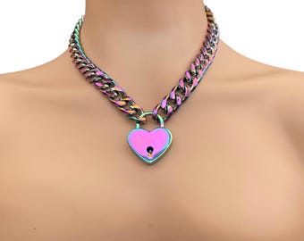 Iridescent Rainbow Chain Choker Necklace With Heart Padlock Choker Necklace I  Custom Choker l owned day collar discreet  heart necklace