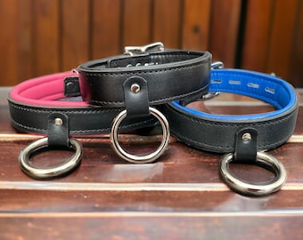 Leather r Collar I Black Padded Stitched Leather 35mm  hanging O Ring Locking Collar I Handmade Custom Leather Collar leather choker