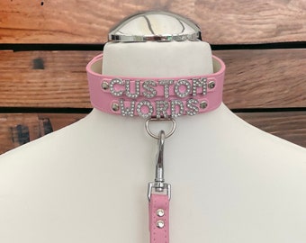 Good Girl Collar & Matching Lead Baby Pink Leather Choker Personalized Handmade Custom Lockable Collar 30mm Silver Diamante faux leather