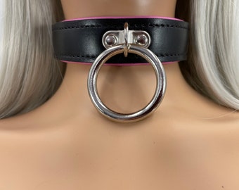 Padded Leather Choker Collars With O Ring I Quality Leather 30mm Wide 35mm Ring I Handmade in Pink, Black And Red Padding