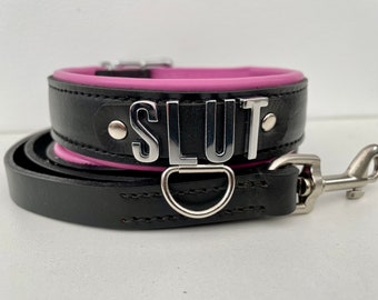 Leather Custom Choker Collars And Leash Set I Choose Your Own Word IQuality Leather Locking Collar For Women & Men 30mm Wide 20mm Letters