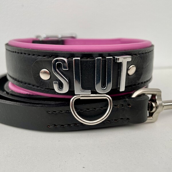 Leather Custom Choker Collars And Leash Set I Choose Your Own Word IQuality Leather Locking Collar For Women & Men 30mm Wide 20mm Letters