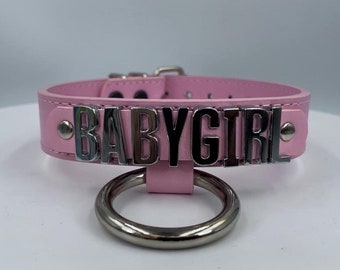 Leather Choker Baby Girl Collar  I Custom Made Faux Leather Collar 24mm Wide 20mm Chrome Letters I 35mm O Ring Handmade