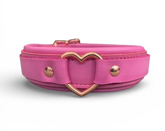 Heart  Collar | leather Choker Collar Pink Padded Leather 30mm Wide Centre Heart Ring I Handmade Locking Necklace Jewelry heart choker